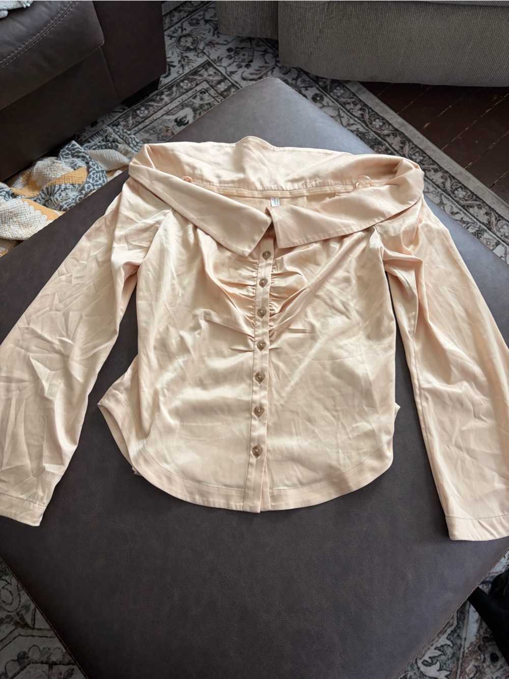 Anthropologie Peach Satin Off Shoulder Button Front Blouse Large